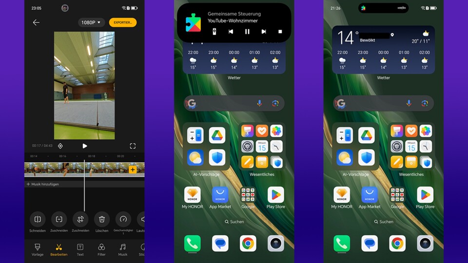 Das Handy hat wie einige iPhones eine »Dynamic Island«. Links seht ihr den integrierten Videoeditor.