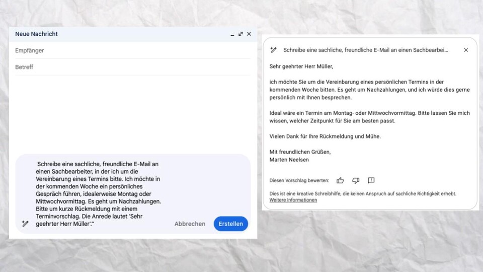 Gemini kann eure Mails vorformulieren. Das klappt im Test besonders gut mit sachlichen Mails. Bei persönlichen Grüßen fehlt natürlich eure eigene Note.
