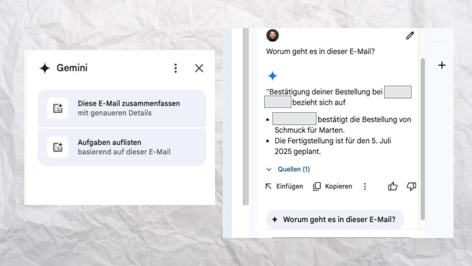 Gemini bietet euch zwei Standardaufgaben an, aber ihr könnt mit dem Mails auch eigene Prompts ausprobieren. Hier habe ich nach einer Zusammenfassung gefragt.