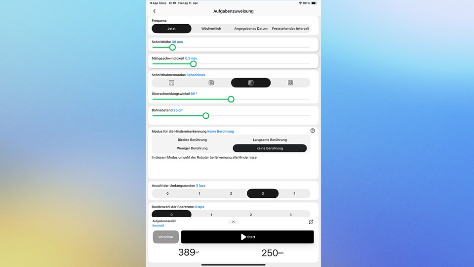 Schnitthöhe, Mähgeschwindigkeit, Schnittbahnmodus und Co: Bei vielen Geräten lassen sich die Einstellungen für jeden Mähvorgang separat festlegen. (Bild: GameStar Tech)