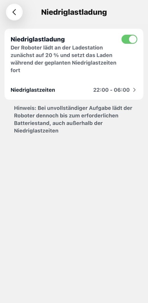 Die Option für die Niedriglastladung lässt sich in der App Ein- und ausschalten sowie zeitlich konfigurieren.