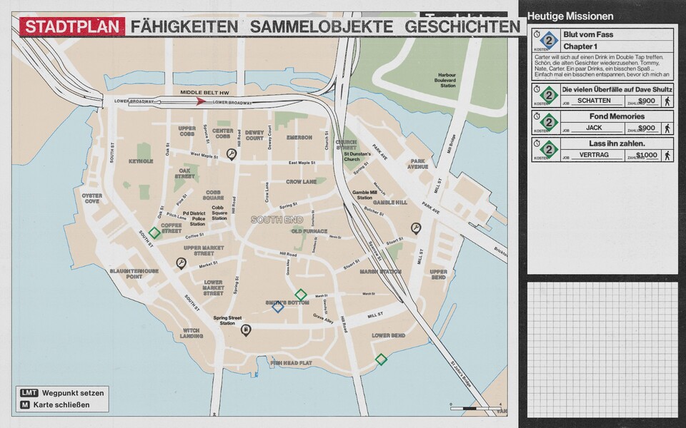 Die Map von Samson beschränkt sich auf die Stadtinsel South End und einen schmalen Streifen südlich der drei Brücken.