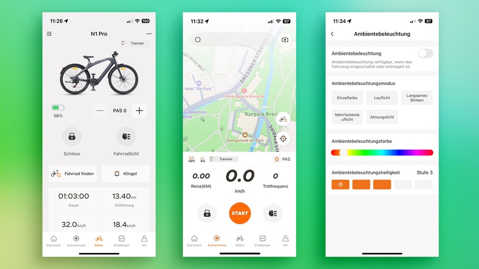 Die App bietet eine Navigationsfunktion, die Möglichkeit, Fahrten aufzuzeichnen sowie einige Einstellungen für die smarten Funktionen.