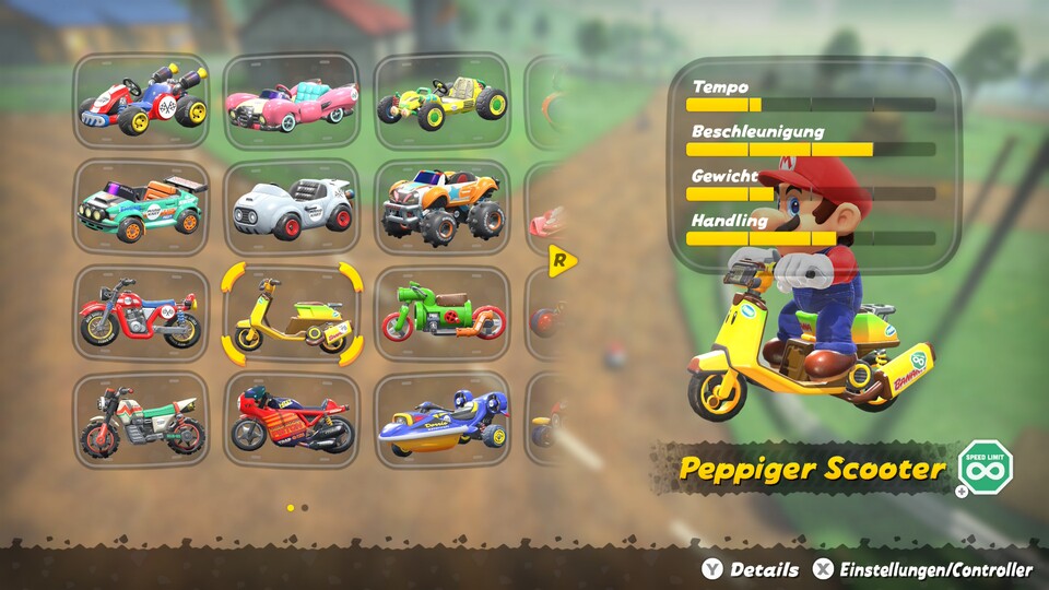 Per Druck auf die Y-Taste könnt ihr euch alle Vor- und Nachteile der einzelnen Fahrzeuge einblenden lassen. Bei Charakteren hingegen schweigt sich das Spiel über detaillierte Werte aus, aber ihr habt ja uns!