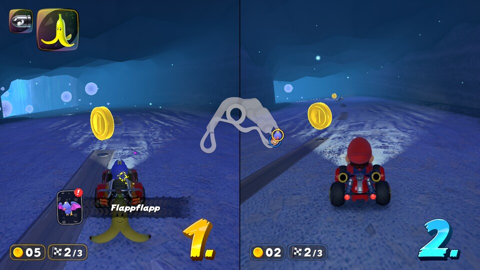 Hier seht ihr die finale Position vor Einsatz des Kamek-Orbs. Ich habe meine Fahrer sehr nah hintereinander platziert.