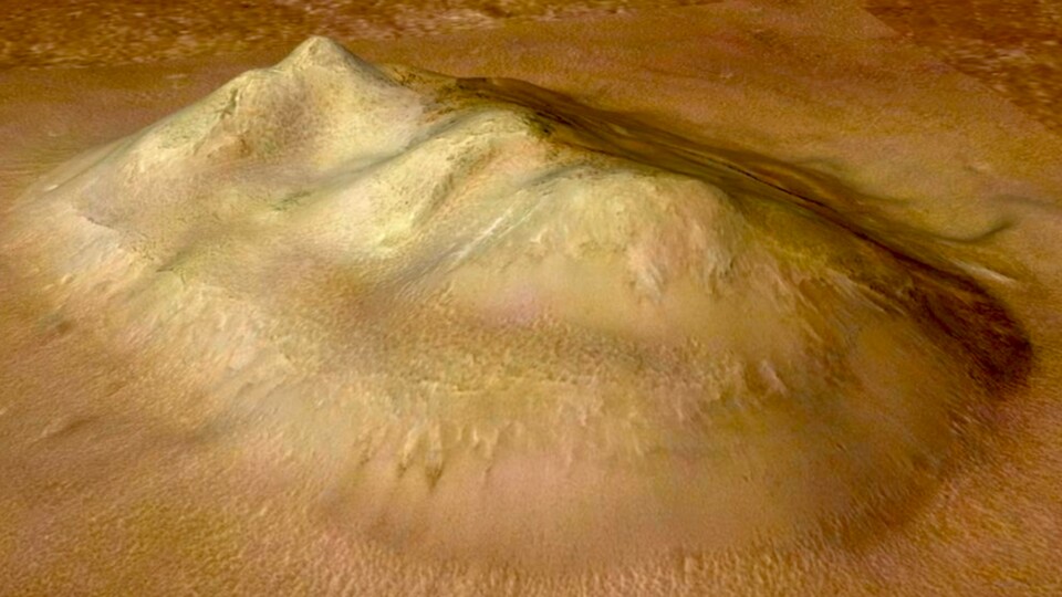Das ist ein 3D-Rendering des Marsgesichts – ein stark erodierter Berg. Bildquelle: ESA DLR FU MOC