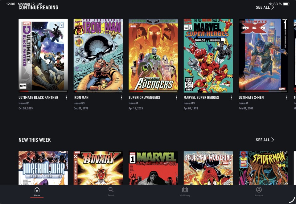 Auf eurer Startseite könnt ihr mit angebrochenen Comics weitermachen oder runterscrollen für Neuzugänge, Empfehlungen. Also exakt wie bei Netflix. (Bildrechte: Marvel)