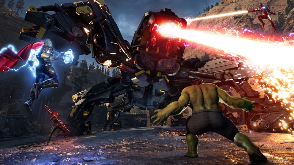 Die Mini-Bosse der War-Zone-Missionen erledigen wir am besten im Team. Hier greifen Black Widow, Hulk und Thor eine Roboter-Spinne der schurkischen Organisation A.I.M. an.