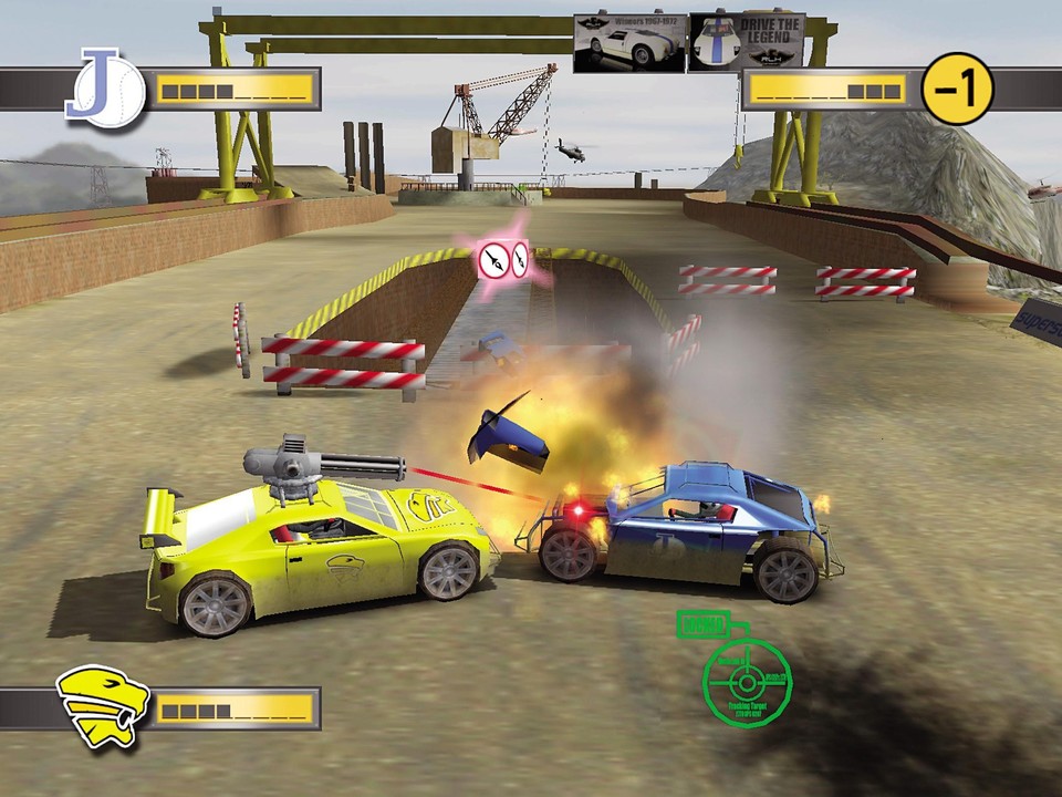 Probleme für Michaels blaues Auto: Heiko (Gelb) zerballert ihm die Motorhaube, Patrick nimmt ihn ins grüne Fadenkreuz-Visier.