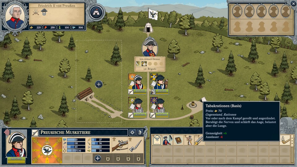 In eurem Lager könnt ihr die einzelnen Regimenter mit Ausrüstung versehen, neue Brigaden kaufen und eure Ressourcen im Blick behalten.