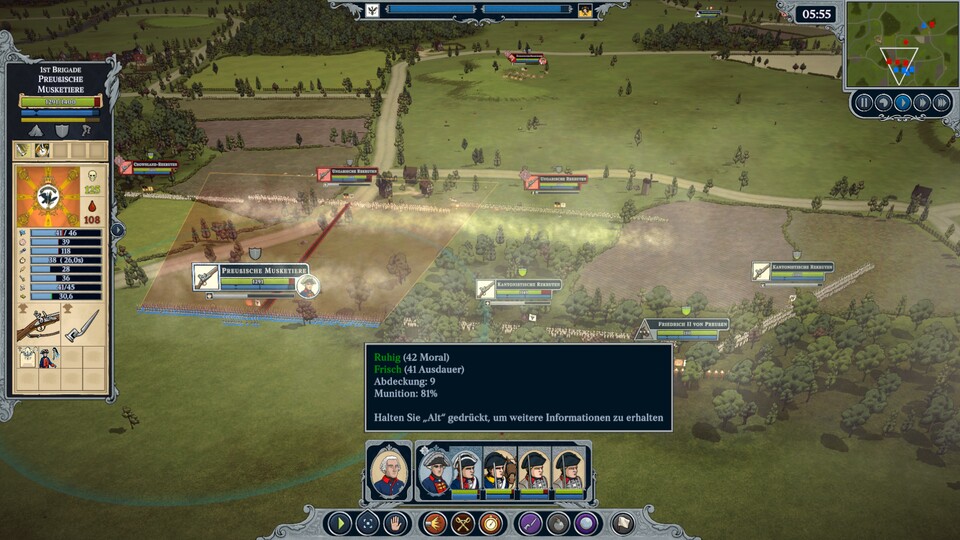 Der rote Bereich zeigt an, wie weit und in welchem Winkel eine Einheit feuern kann.