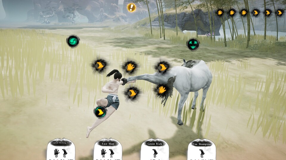 Die Moves in der Mitte des Bildschirms müsst ihr verketten. Rechts oben seht ihr die Angriffe des Gegners, um sie Kontern zu können.