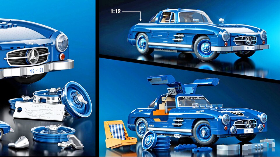 Die Metallteile geben dem Set mehr Details, aber auch ein paar optionale Sticker lassen den Mercedes wie ein klassischer Rennwagen aussehen!