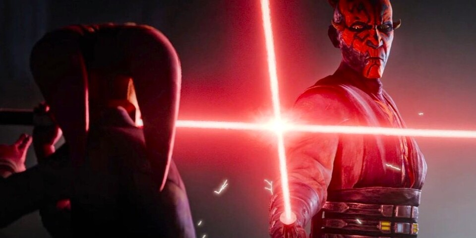Maul im Duell mit Devon Izara: In seiner Hand die verbliebene Hälfte seines urprünglichen Doppellichtschwertes, Devon führt die neue zweite Hälfte aus The Clone Wars.