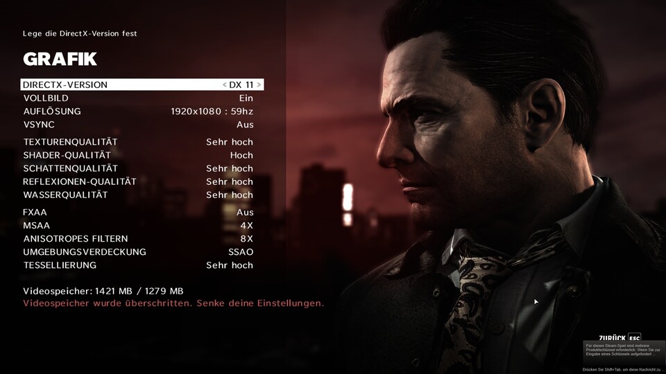 Ärgerlich: Max Payne 3 erlaubt bestimmte Einstellungen nur dann, wenn genügend Grafikspeicher vorhanden ist – auch wenn der keine wirkliche Aussagekraft über die Leistung einer Grafikkarte hat.