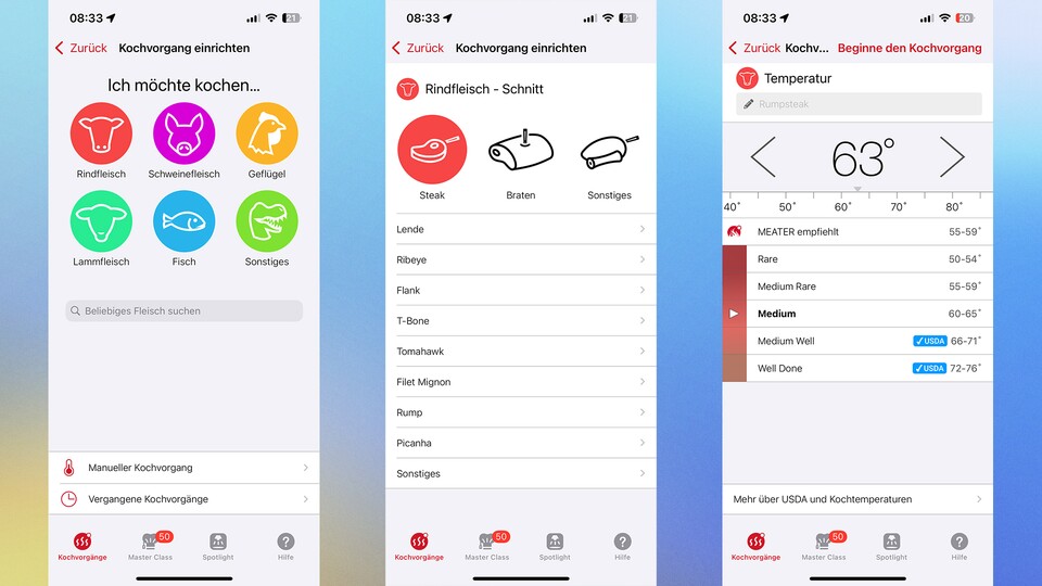 Die Meater-App nimmt euch bei der Auswahl von Fleischsorte und Garpunkt an die Hand. (Bild: GameStar Tech)