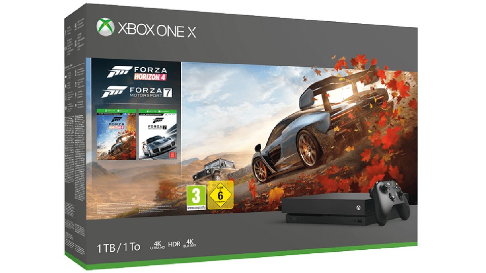 Die Xbox One X mit Forza Horizon 4 und Forza Motorsport 7 für 399,00 € auf Amazon.de