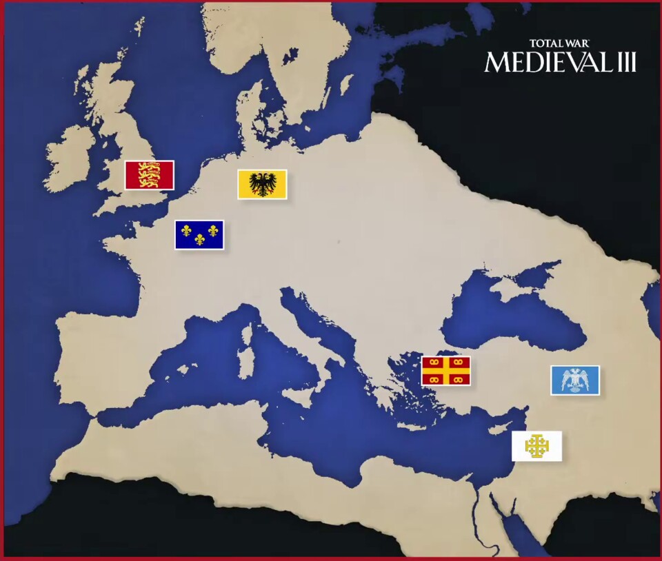 Das ist die komplette Karte von Medieval 3 zu Release und die Startpositionen der sechs wichtigsten Fraktionen.