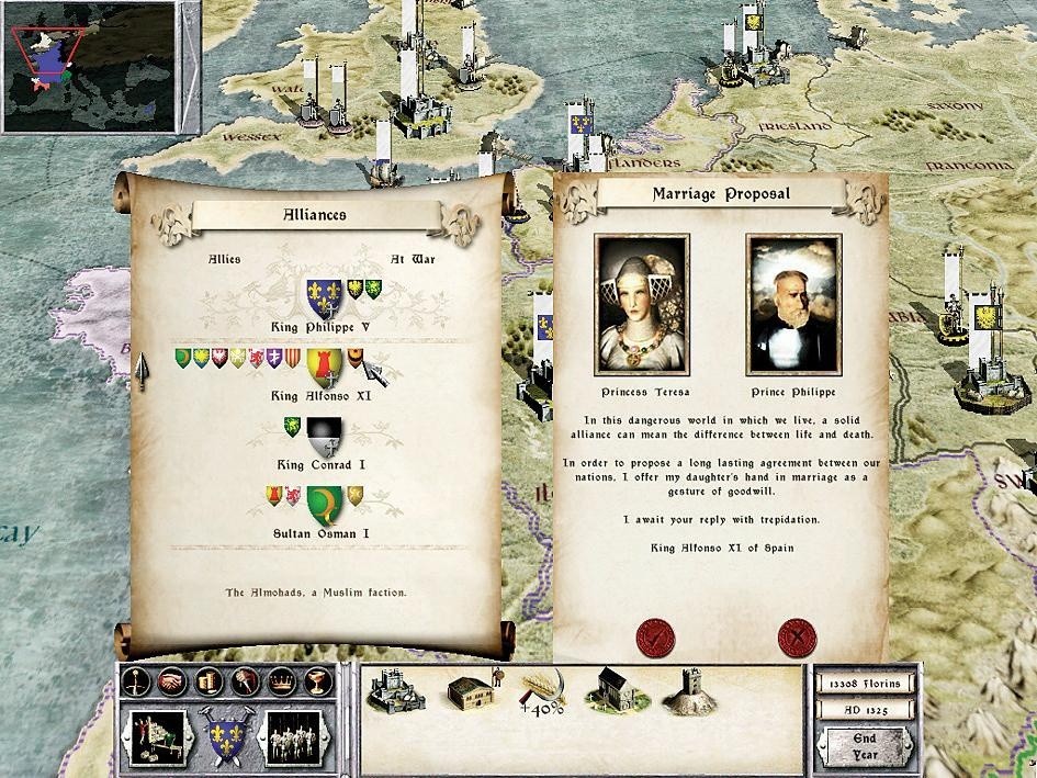 König Alfonso XI bietet uns seine Tochter - links die aktuellen Allianzen und Kriege.