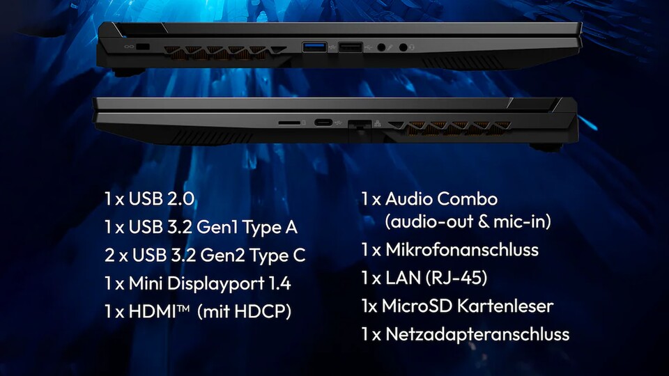 Der Defender P50i kommt mit vielen Anschlüssen daher, unter anderem USB 3.2, was ihn ideal für unterwegs macht.