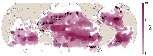 The darker the purple, the more the color changed between 2002 and 2022.  The black dots show trend areas where discoloration has increased more in recent years.  (Image: Nature.com)