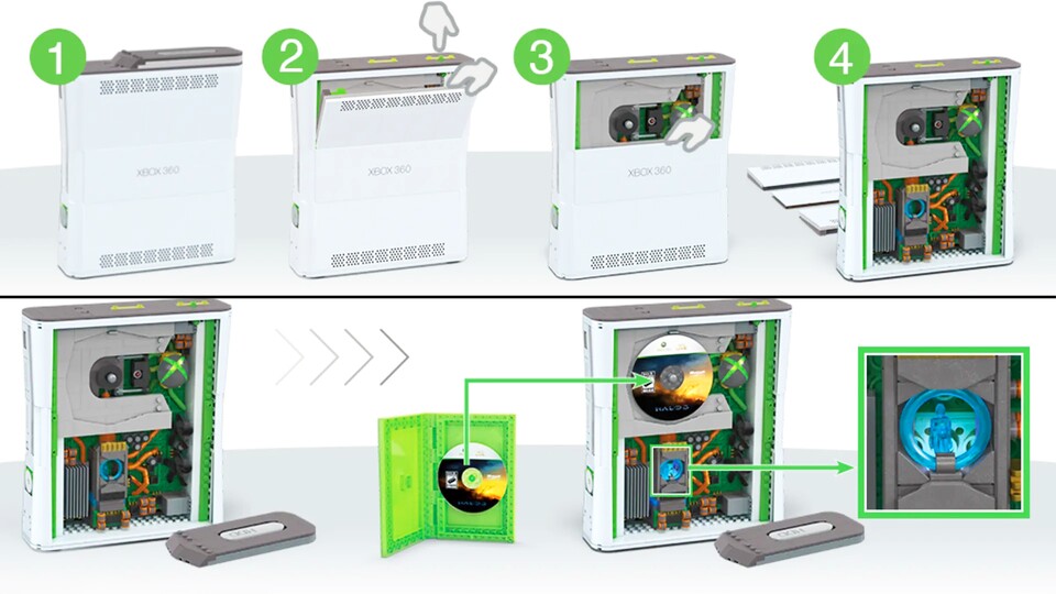 Unter der Haube verstecken sich viele Geheimnisse. Neben leuchtender Xbox Sphere und CD-Laufwerk findet ihr sogar eine kleine Cortana aus Halo.