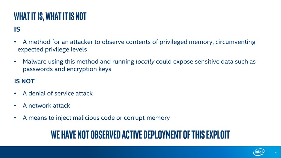 Intel selbst gibt an, dass sie noch keine Fälle der tatsächlichen Ausnutzung der Sicherheitslücken beobachtet hätten. Allzu beruhigend dürfte das für die meisten Besitzer von Intel-CPUs aber nicht sein. (Bildquelle: Anandtech.com)