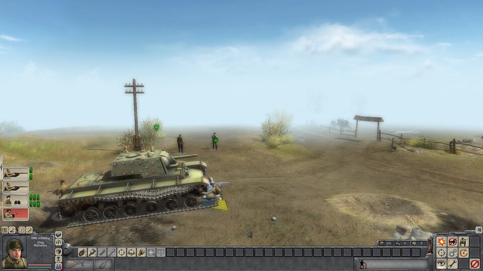 Der Soldat vorne repariert die Ketten des Panzers. Der blaue Nebel hinten ist ein Symptom der geringen Fernsicht.