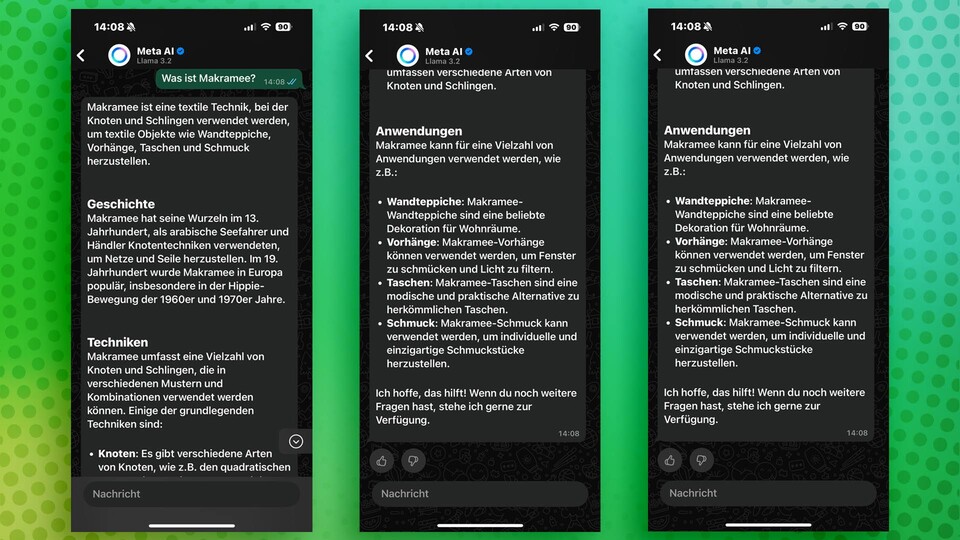 Bei der Suche nach allgemeinen Begriffen, funktioniert Meta AI gut.