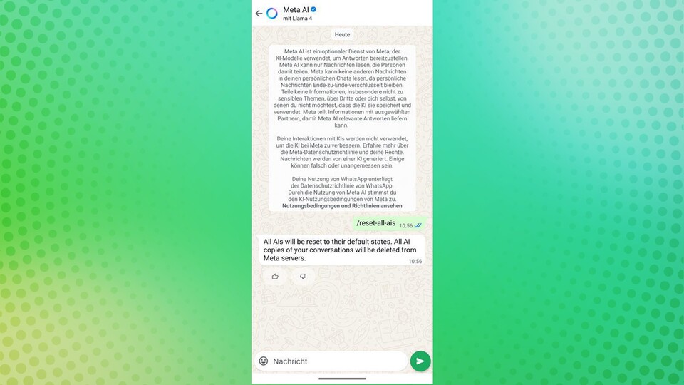 Wenn ihr den Shortcode reset-all-ais im Chat mit Meta AI eingebt, erhaltet ihr folgende Nachricht.