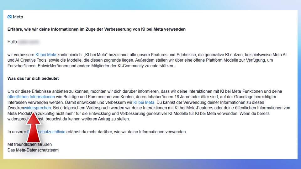 Klickt in der Mail von Meta auf »widersprechen«, um zum Widerspruchsformular zu gelangen.