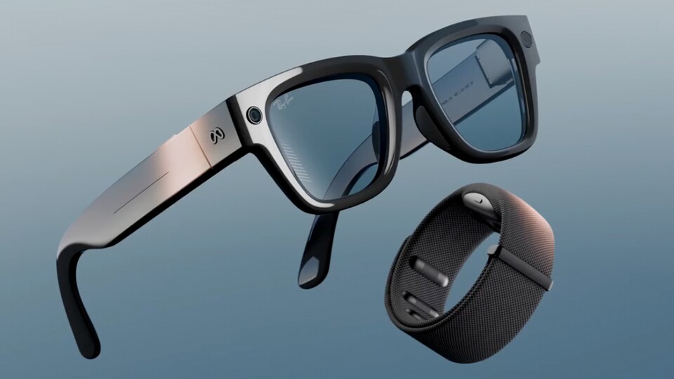 Das Armband (rechts unten im Bild) kommt an das Handgelenk. Dadurch erkennt die Brille Handgesten für diverse Aktionen. (Bildquelle: Meta)