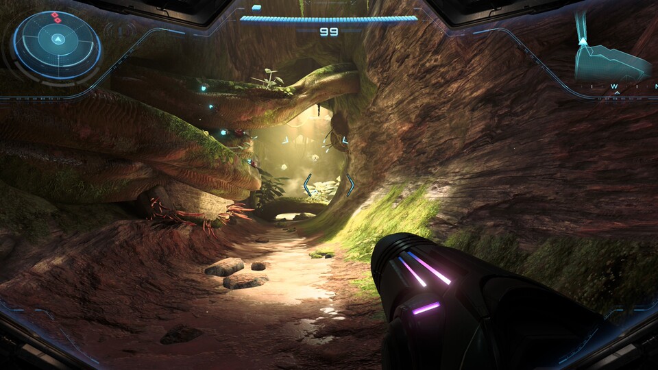 Das die Spielwelt von Metroid Prime 4 auch ganz anders – nämlich Neugier erweckend und spannend – aussehen kann, beweisen die abgetrennten Areale außerhalb der Wüste.