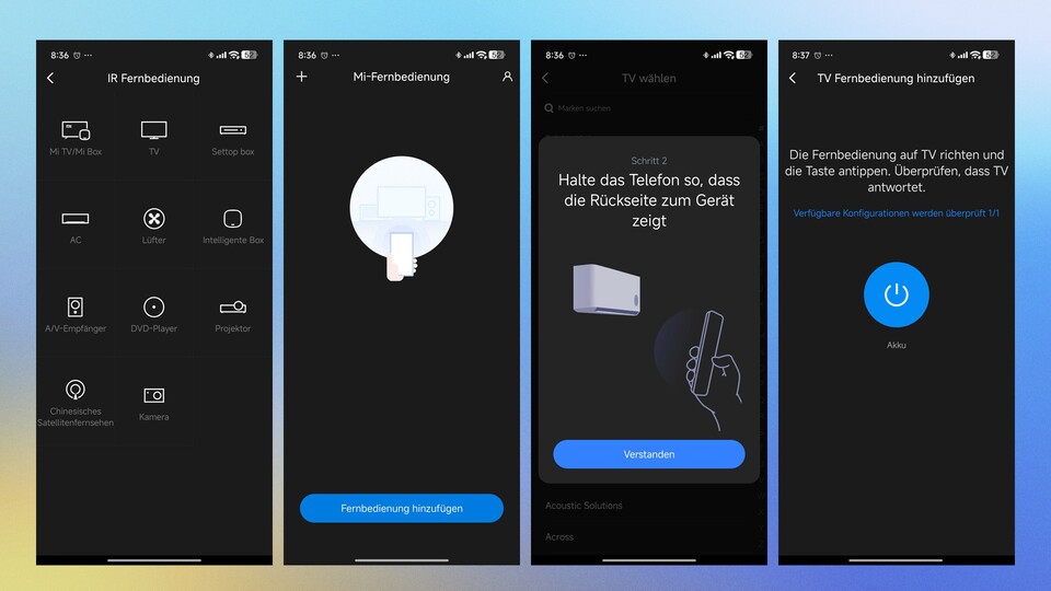 Hier seht ihr diverse Einsatzmöglichkeiten der Mi Fernbedienung-App.