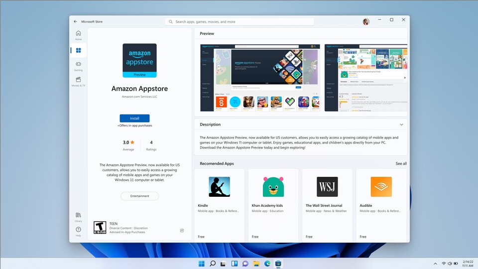 Das Herunterladen von Android-Apps erfolgt im Microsoft-Store über Amazon.