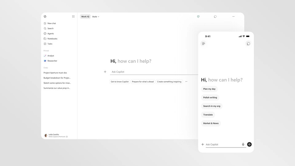 Die Microsoft 365 Copilot-App erhält ein Redesign. Neben der grauen Optik soll unter der Haube einiges an Performanceverbesserungen drinstecken. (© Microsoft)