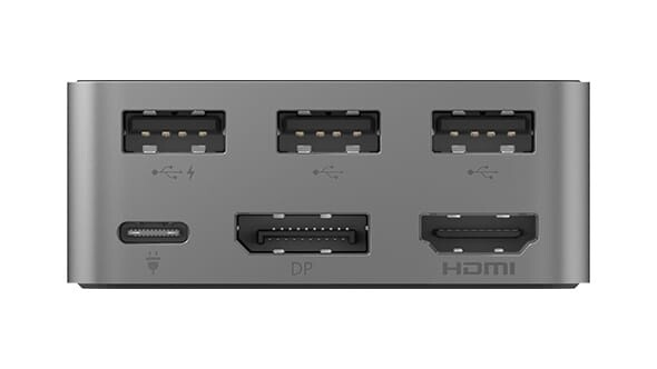 Die Rückseite des kompakten Docking-Würfels besteht fast nur aus Anschlüssen: 3x USB Typ A, 1x USB Typ C (Ladeport), Displayport 1.2 und HDMI.