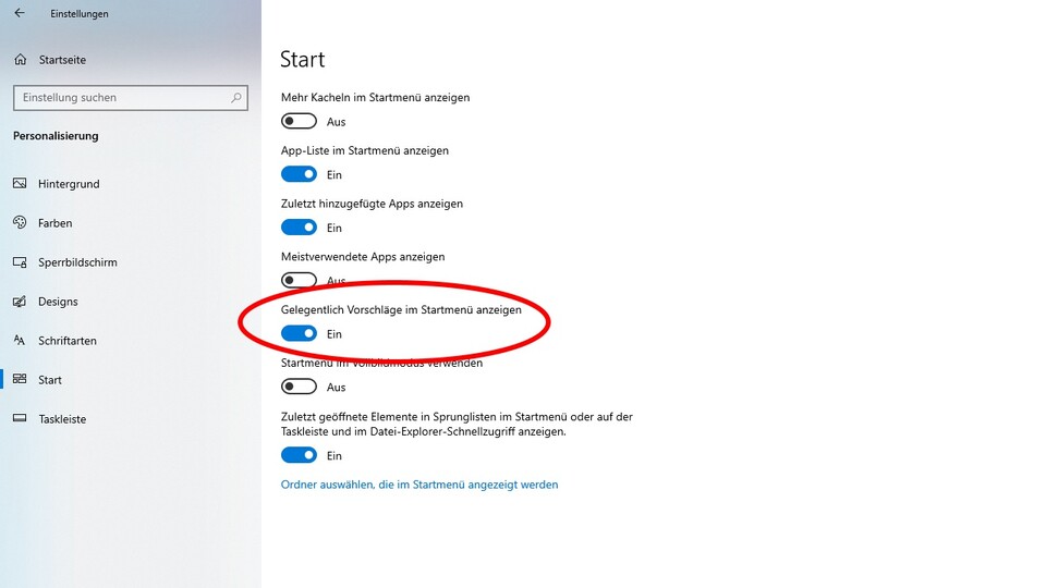 Ein Klick auf diese Schaltfläche deaktiviert die App-Empfehlungen im Startmenü von Windows 10.
