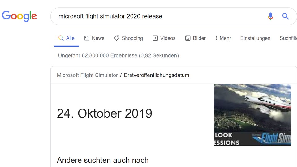 Google liefert nicht ganz korrekte Infos, wenn man nach dem Release-Terming des Microsoft Flight Simulators 2020 sucht.