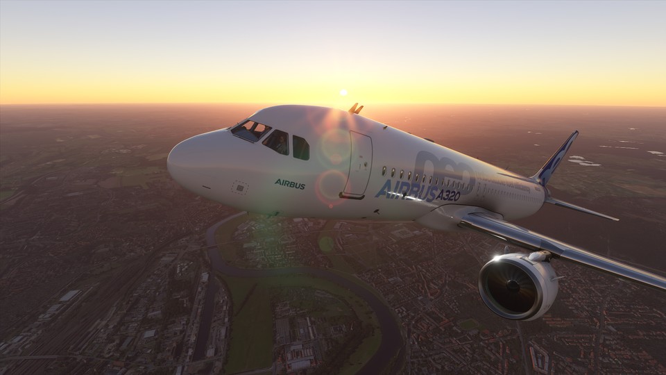 Optisch macht ein Airbus A320neo einiges her - spielerisch zeigt er im Flight Simulator aber Schwächen. Hier seht ihr die Maschine im Steigflug über Dresden.