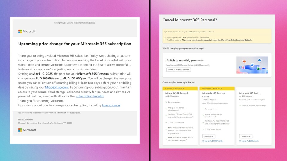 Links ist eine der fraglichen Mails zu sehen, rechts der Kündigungsvorgang mit dem günstigeren Abo-Angebot ohne KI (mittlere Option »Lower cost without AI«). (Screenshots: ACCC)