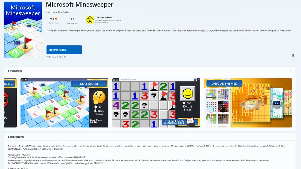 Im Microsoft Store gibt es eine kostenlose Version von Minesweeper, sie nervt aber schnell mit Werbung und Hinweisen auf die kostenpflichtige Premium-Version.