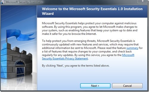 Der Installationsbildschirm der Security Essentials