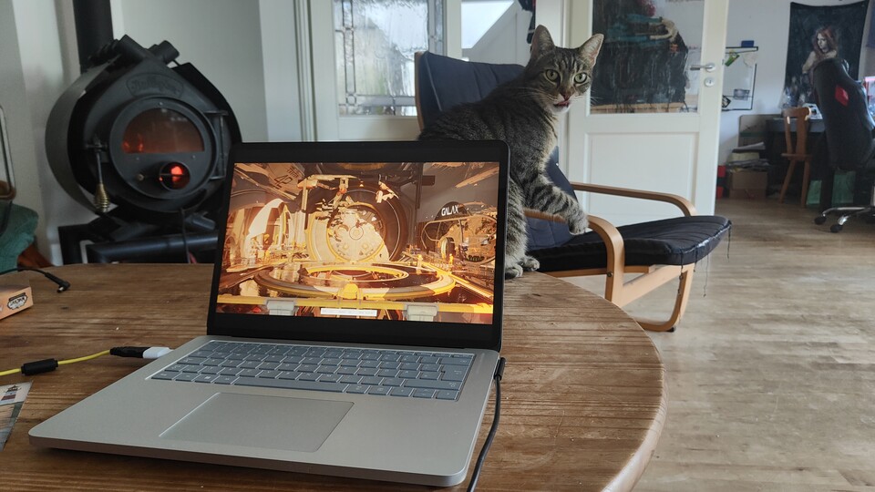 Die Katz ist erstaunt: Das Surface Laptop Studio 2 lässt sich aufgrund des hohen Gewichtes nicht ganz so einfach von der Tischkante schubsen.