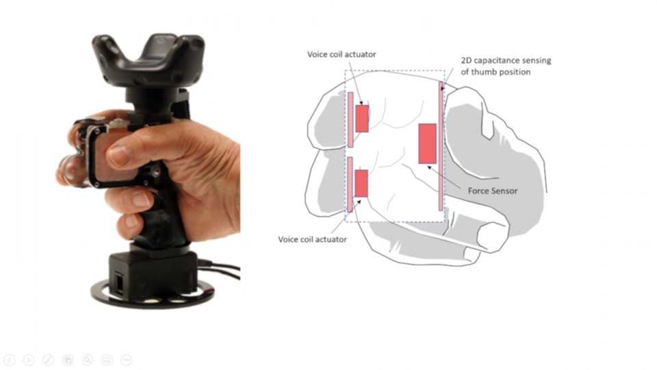 Mit Fingern und Daumen wird der TORC umfasst und ermöglicht es so, Objekte in der VR präzise zu greifen und zu drehen 