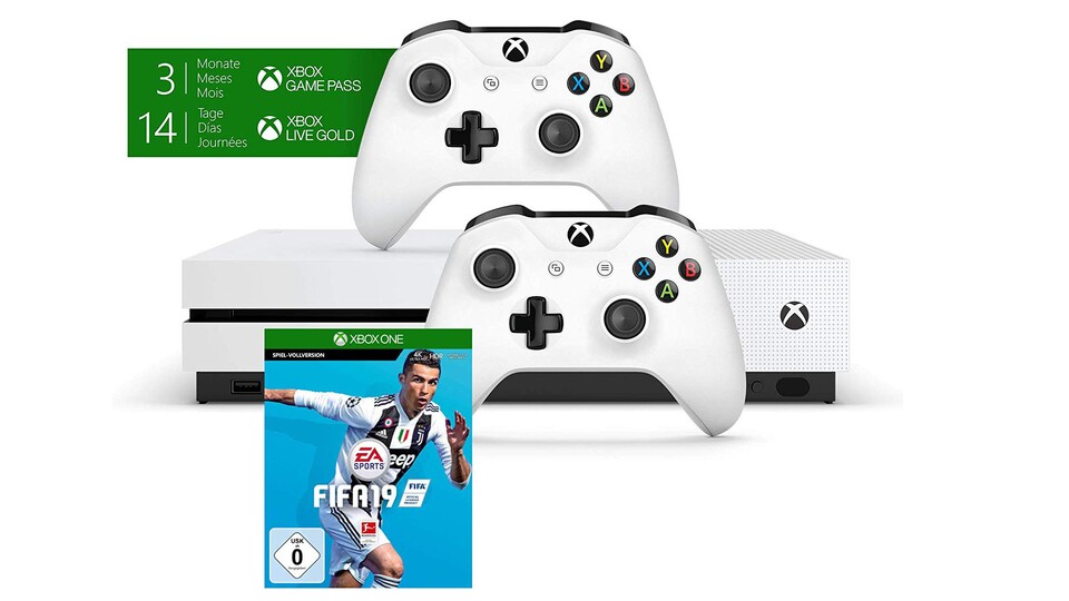 Microsoft Xbox One S im Bundle mit zwei Controlllern, Gamepass und FIFA 19 für nur 289,99 € auf Amazon.de