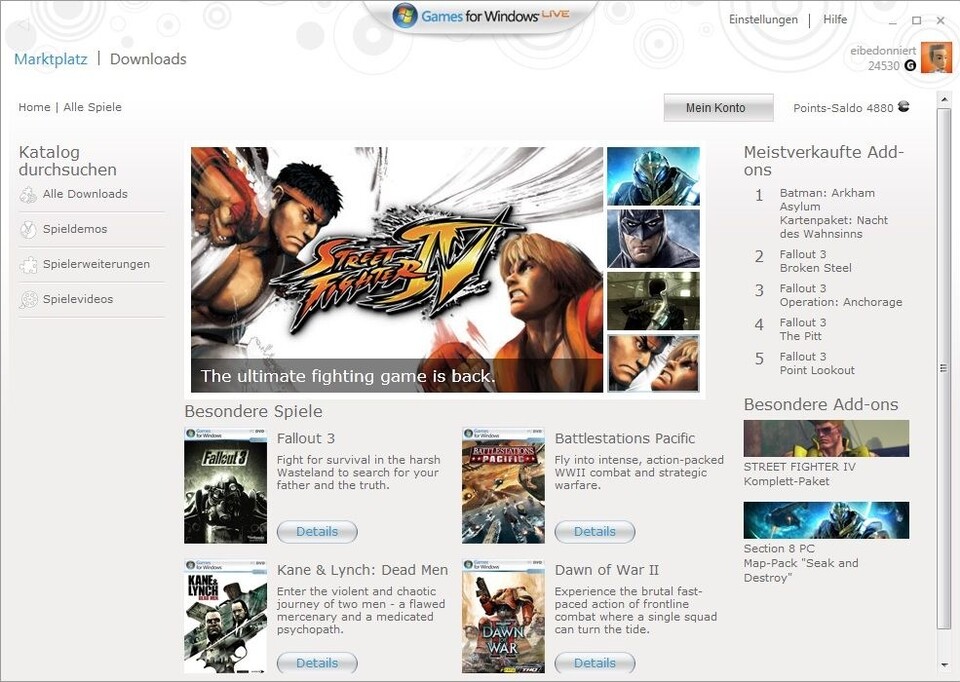Während die Xbox 360 den Spieler-Avatar, Erfolgspunkte, gespielte Spiele oder heruntergeladene Videos übersichtlich im eigenen Menü präsentiert, herrscht bei Games for Windows Live weiße Tristesse.