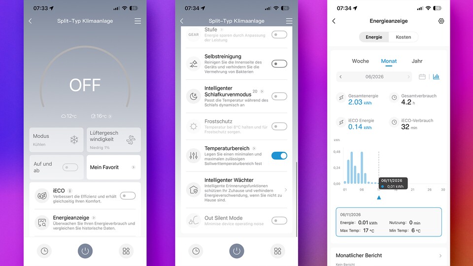 Über die App kann man die Anlage steuern, zudem lässt sich der Energieverbrauch einsehen. (Bildquelle: GameStar Tech)