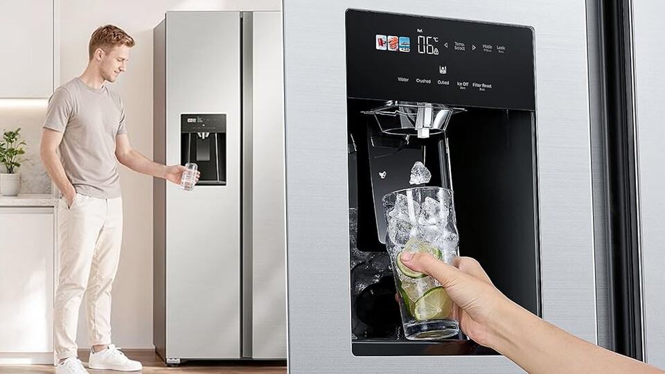 Dieser Kühlschrank von Midea hat ebenfalls einen Eiswürfelspender. Einfach hingehen und dranhalten. So einfach, dass man es nicht mehr missen will.