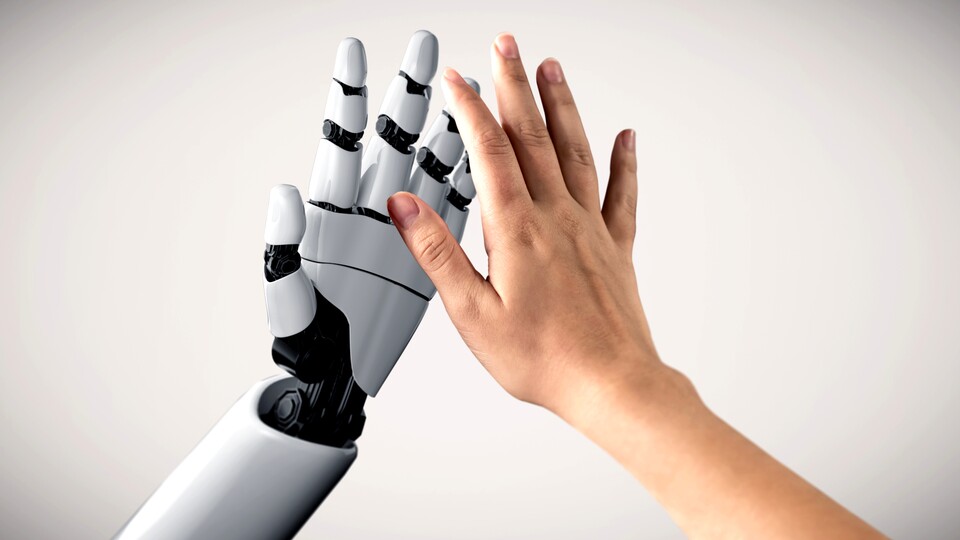 Vielleicht reicht irgendwann ein als Mensch verstorbener Ur-Ur-Urgroßvater seinen Nachfahren die Roboter-Hand. (stock.adobe.com - InfiniteFlow)